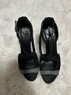 BCBG Black Suede Open-Toe Heels with Rhinestone Strap